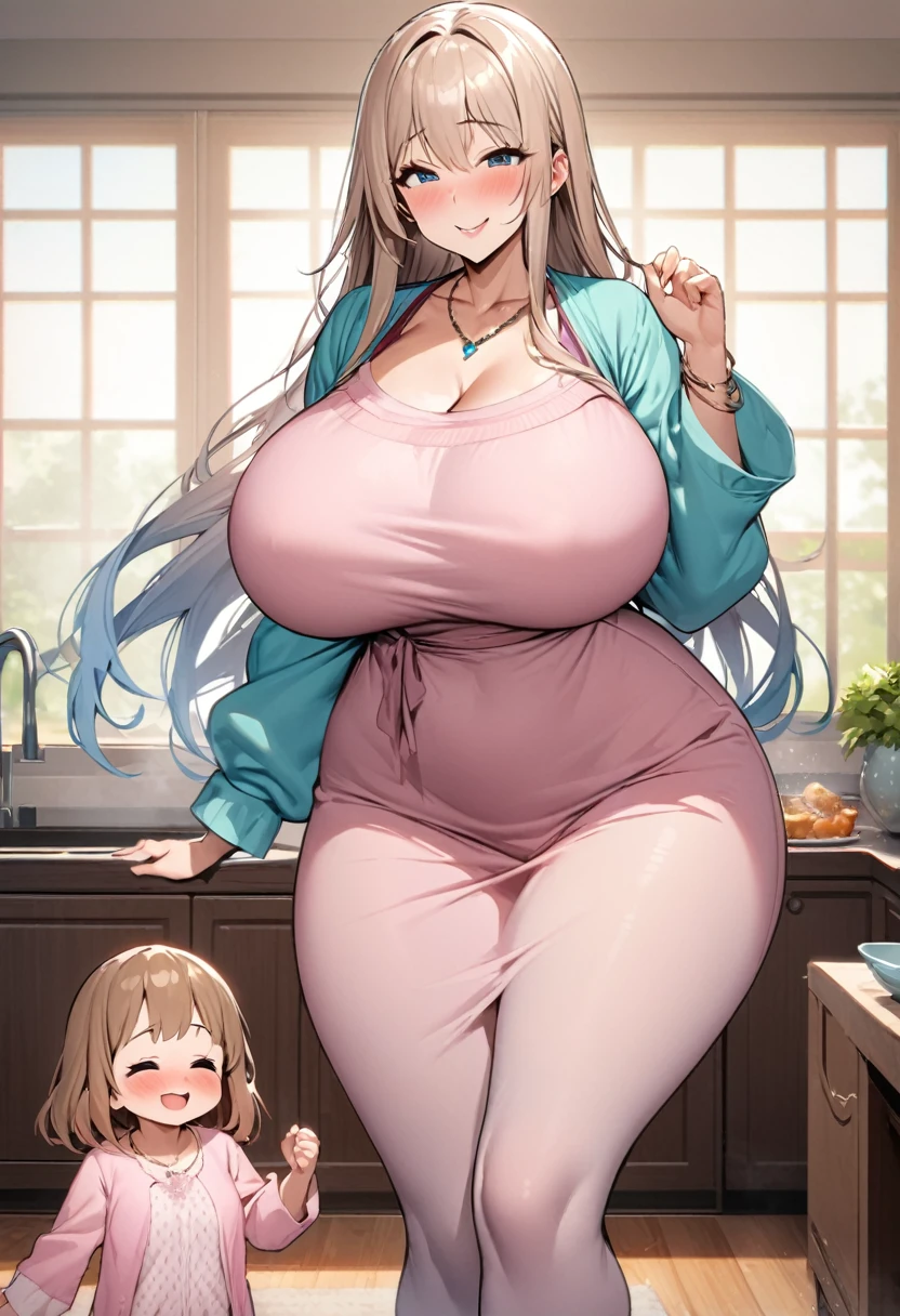 best quality, high resolution，Mother and Daughter，Smile, blush，Long gradient hair，necklace，bracelet，Home Clothes，Stockings，Mother and Daughter，The mother is taller，kindliness，Huge breasts，Wide hips，4K