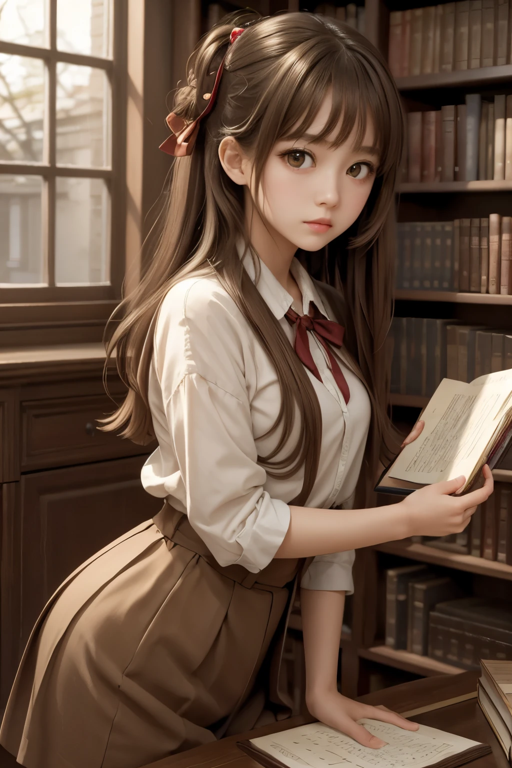 ((masterpiece,best quality))1girl, solo, bookshelf, pile of books, indoors, hair ornament, yuina, red eyes,