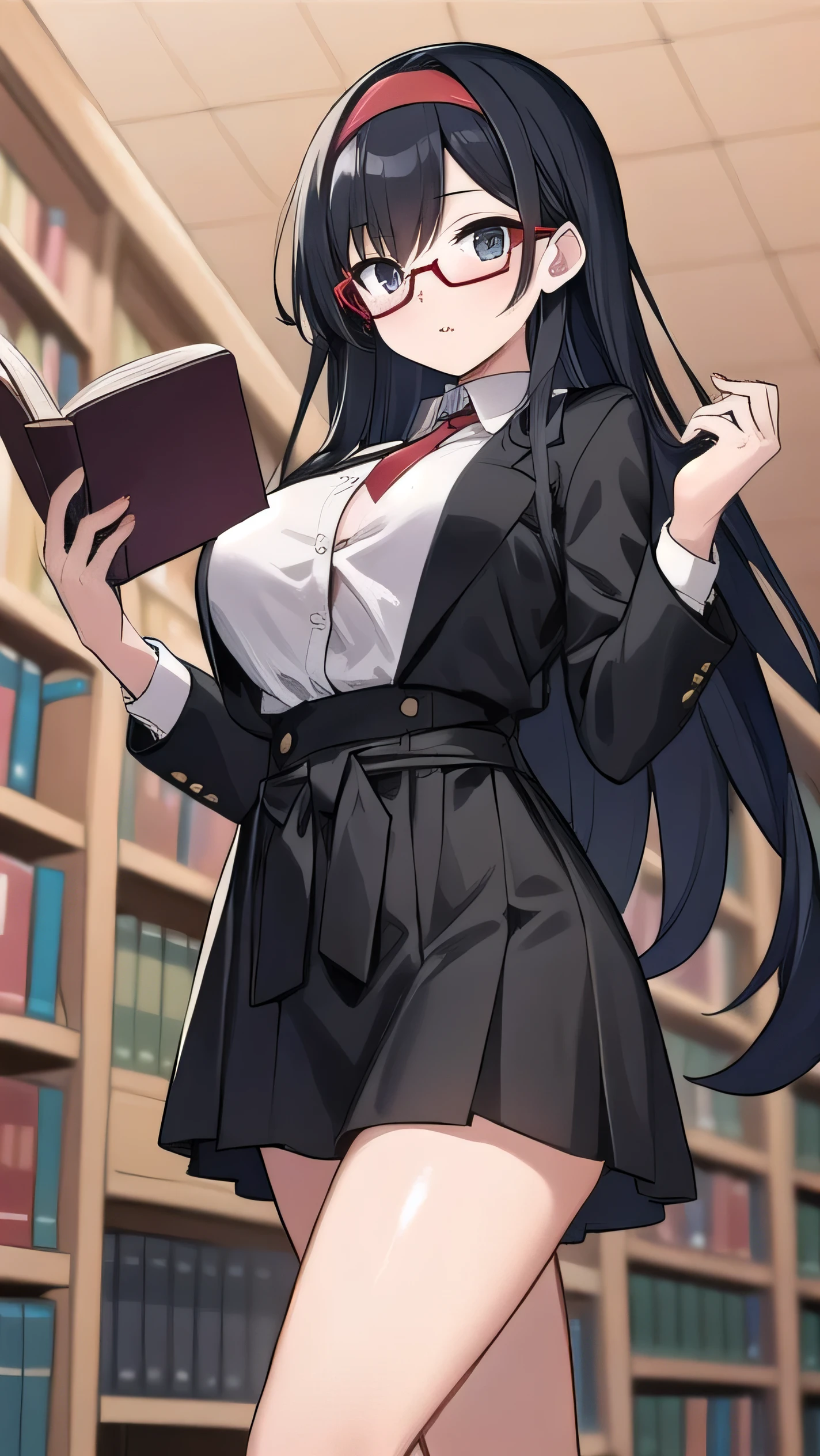 Wears glasses, elementary school student, black hair, black eyes, round, wears , is tall, is in the library, looks kind, has very large breasts, has long hair that reaches her waist, is reading a book, He has black hair but has a slight brownish tint, red headband, wears a black uniform, black skirt, white shirt, red tie, and black jacket.,