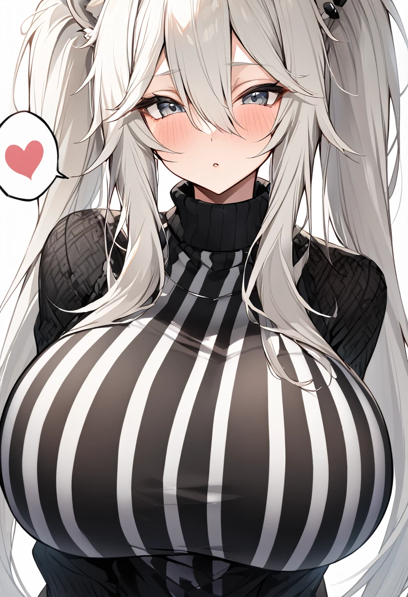 Shishirabotan、Black knitted clothes、Vertical sweater clothes、Black sweater、Huge breasts:1.5、sagging breast:1.5、1girl、portrait、spoken heart、face focus、straight hair、Twin tails、Slightly messy hair、White lion、Vertical white lines on clothes