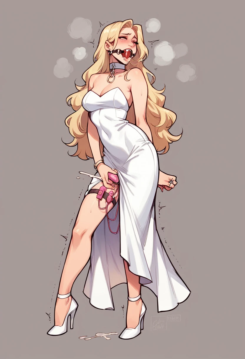 blonde pale with long hair girl. . (perfect quality ).. () . . Thick collar. 2B cosplay . Tight elegant dress . .. . . high heels. vibrators . cumming. Ring gag . Drool .