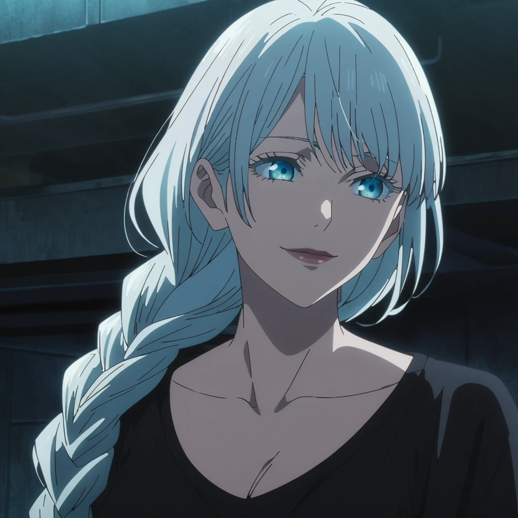 1girl, female gojo satoru, anime screencap from jujutsu kaisen, gojo satoru female version, solo, long_hair, ((single braid)) blue eyes, ((very long white_hair and single braid)), night view, breasts, upper_body, smile, indoors, book, bangs, blue_eyes, lips, (wearing round sunglasses) (long hair, swept bangs)) wearing black color shirt, breast, "very detailed and high resolution" (blue eyes) ((one hand on the chin)) ((smooth texture hair)) ((solo)) ((high resolution)) ((full body)) (Good quality) cleavage, ((white hair)) ((hair braid))