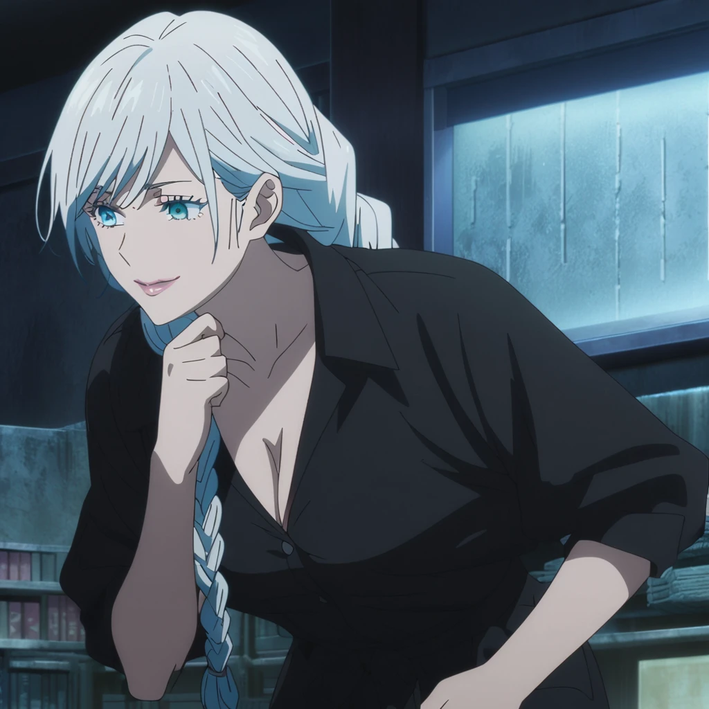 1girl, female gojo satoru, anime screencap from jujutsu kaisen, gojo satoru female version, solo, long_hair, ((single braid)) blue eyes, ((very long white_hair and single braid)), night view, breasts, upper_body, smile, indoors, book, bangs, blue_eyes, lips, (wearing round sunglasses) (long hair, swept bangs)) wearing black color shirt, breast, "very detailed and high resolution" (blue eyes) ((one hand on the chin)) ((smooth texture hair)) ((solo)) ((high resolution)) ((full body)) (Good quality) cleavage, ((white hair)) ((hair braid))