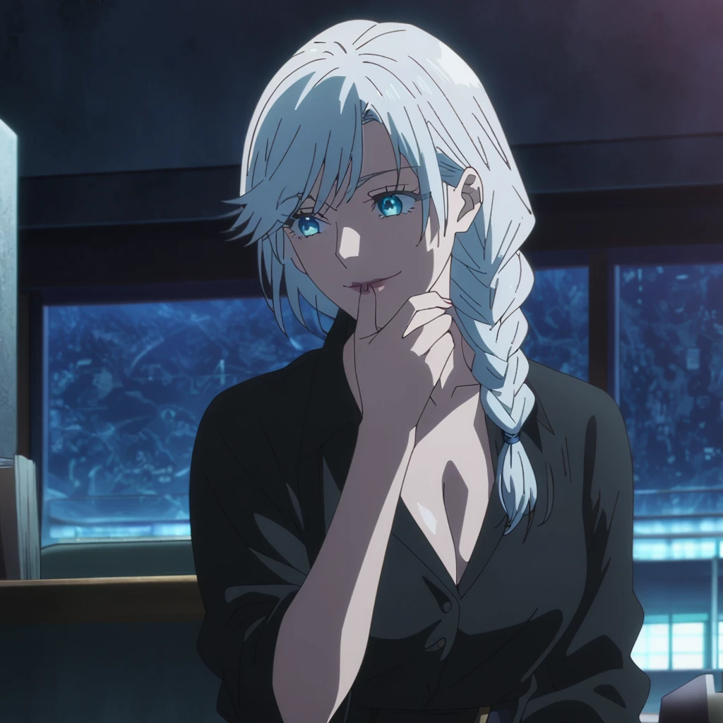 1girl, female gojo satoru, anime screencap from jujutsu kaisen, gojo satoru female version, solo, long_hair, ((single braid)) blue eyes, ((very long white_hair and single braid)), night view, breasts, upper_body, smile, indoors, book, bangs, blue_eyes, lips, (wearing round sunglasses) (long hair, swept bangs)) wearing black color shirt, breast, "very detailed and high resolution" (blue eyes) ((one hand on the chin))  ((smooth texture hair)) ((solo)) ((high resolution)) ((full body)) (Good quality)  cleavage, ((white hair)) ((hair braid))