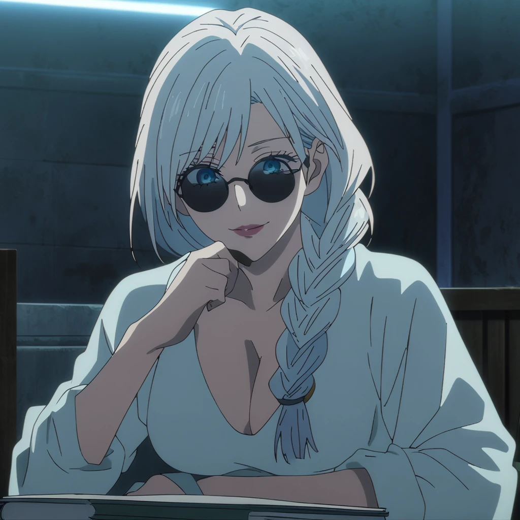 1girl, female gojo satoru, anime screencap from jujutsu kaisen, gojo satoru female version, solo, long_hair, ((single braid)) blue eyes, ((very long white_hair and single braid)), night view, breasts, upper_body, smile, indoors, book, bangs, blue_eyes, lips, (wearing round sunglasses) (long hair, swept bangs)) wearing black color shirt, breast, "very detailed and high resolution" (blue eyes) ((one hand on the chin))  ((smooth texture hair)) ((solo)) ((high resolution)) ((full body)) (Good quality)  cleavage, ((white hair)) ((hair braid))