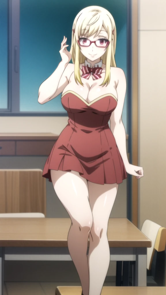 anime girl With glasses and a skirt posing on a desk, seductive anime girl, With glasses, With glasses on, thick glasses, (sfw) Insurance for work, beautiful and seductive anime woman, a Hyper realistic , revealing outfit, neckline, , nerd appearance, anime girls, attractive anime girl, breasts covered and sfw, nerd Yamada mocking smile_yellow, 1chica , by rubio, alone, wide, hair ornament, , smile, bow, red eyes my dress darling anime, beautiful seductress anime anime