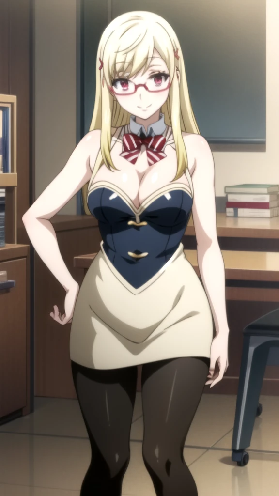 anime girl With glasses and a skirt posing on a desk, seductive anime girl, With glasses, With glasses on, thick glasses, (sfw) Insurance for work, beautiful and seductive anime woman, a Hyper realistic , revealing outfit, neckline, , nerd appearance, anime girls, attractive anime girl, breasts covered and sfw, nerd Yamada mocking smile_yellow, 1chica , by rubio, alone, wide, hair ornament, , smile, bow, red eyes my dress darling anime, beautiful seductress anime anime