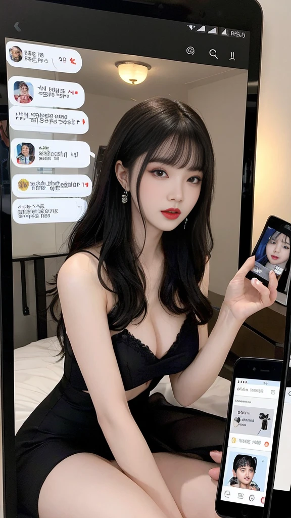 (high quality), (SFW), (vertical split screen:1.6), (various scean:1.5), (A mature prostitute girl enjoying with a smartphone chat app with a number of Korean adult guys : 1.6), (the girl has gorgeously dyed hair and pretty face makeup : 1.4), (she is wears a feminine dress and stockings and strappy high heels as she sits on her bed and chats with a number of man in online.), Her smartphone display shows a number of Korean adult man, who ask the woman to chat., Their chat language is English, the guy is waiting for her response, showed each popup window, chatting logs, Online Profiles and Photos, And the man is requesting a chat with her on the smartphone screen. He and she take turns sending messages on the chat app, her time is night,