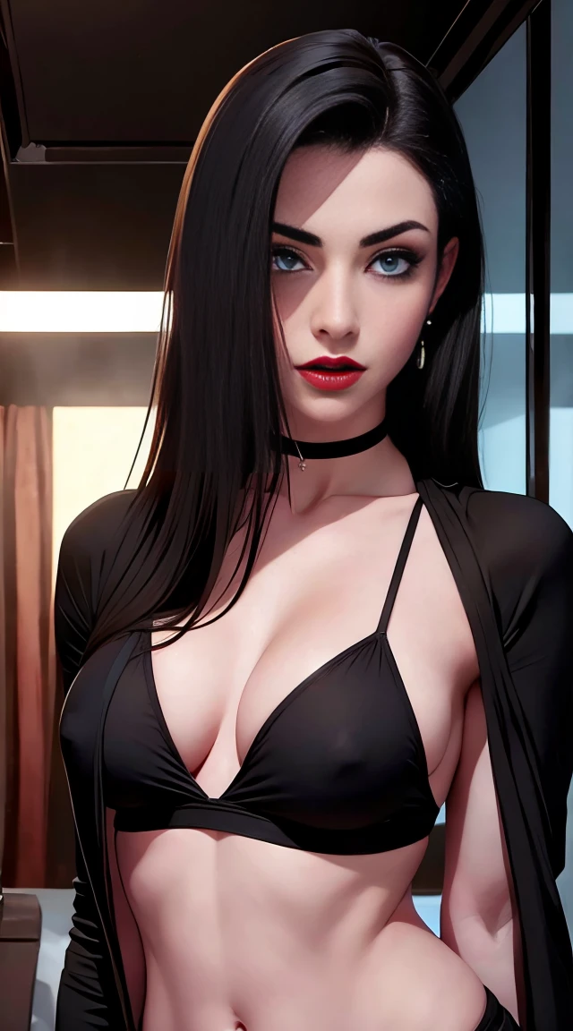 1 beautiful woman, 20 years, pale white skin (very detailed and delicate skin), bright blue eyes (vampire eyes) (very detailed and expressive eyes), black and red hair, short hair, perfect body, perfect abdomen, perfect round ass, make up, Red lips, delicate earrings, delicate neck, choker, hair band, look at the viewer, white sports bra, black jacket, tight sports pants, pose sexy, in the city, (Masterpiece), (8k) , (cinematic lighting, (photorealistic), (minute details)