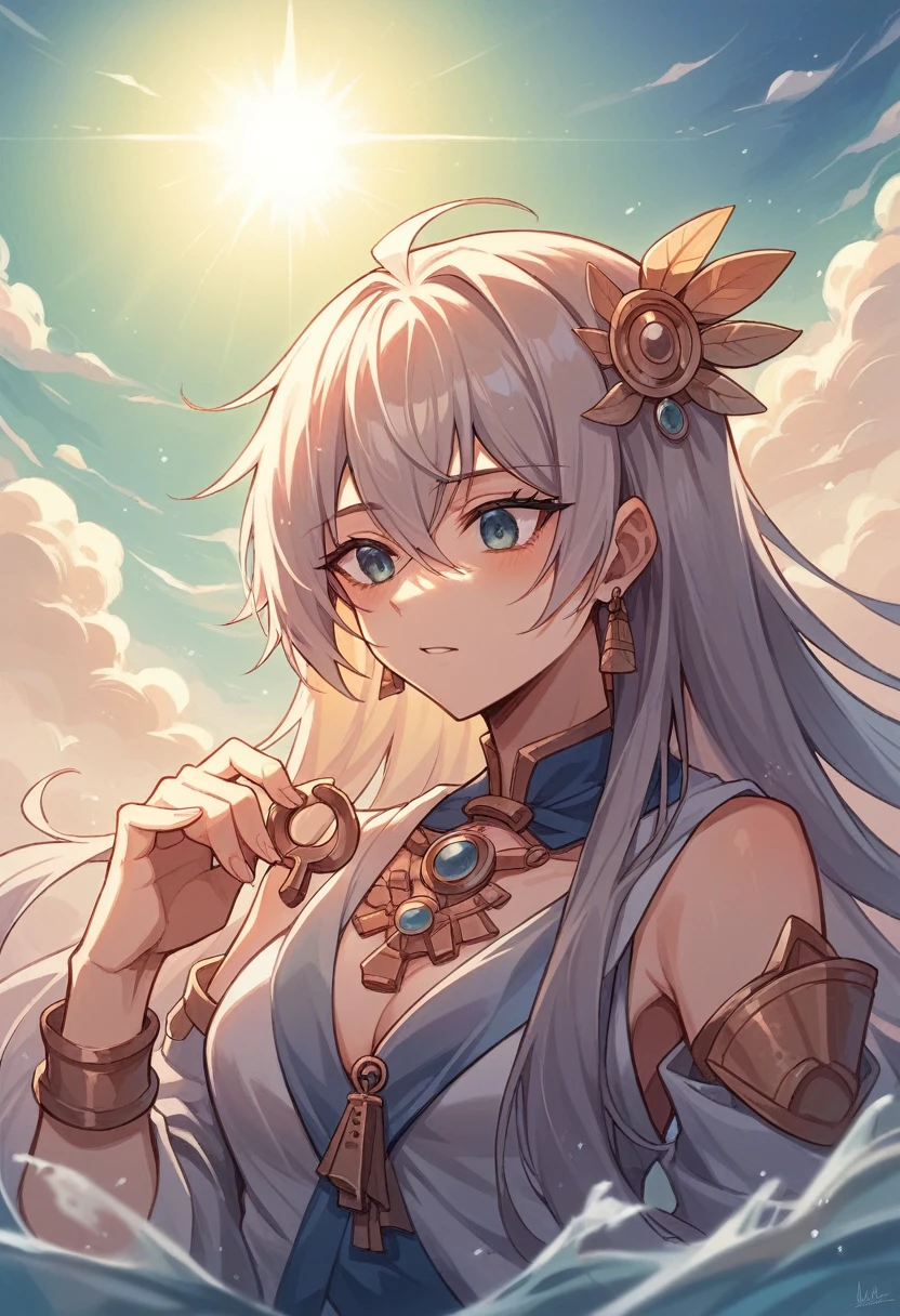 anime key visual, Masterpiece landscapes,A girl, From the city of Atlantis, complex background, foggy condition, cyberdelic, flowering light, Macro lens, Color style, "surrounded by clouds,Beautiful fluid image,Delicately painted landscapes,Light clouds float on the surface of the water.,It's like a fairyland。The misty light penetrates the clouds.,Impressive light and shadow effects are reflected.。In the photo there is a sea of clouds.,The landscape ahead is fascinating