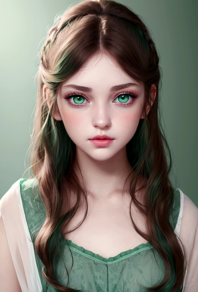 young girl, ( envuelta en una White skin)* eyes are a deep blue-green color, White skin, rubbed cheeks, sincellied nose, small pink lips,gentle and elegant look, , dress, Renaissance, ((dark green eyes)),((Hair, dark brown))