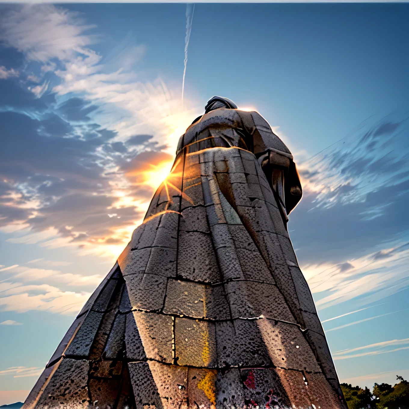 Soft sunlight,There is a statue of a man wearing a hat on it, Large stone statue of a hero, View from slightly below, Shot from behind at a low angle, Watch from below, View from below, View from below, salvador, Shot with Sony a7r camera, low angle wide shot, Side View, View from the ground, Left side, Giant Sculpture
