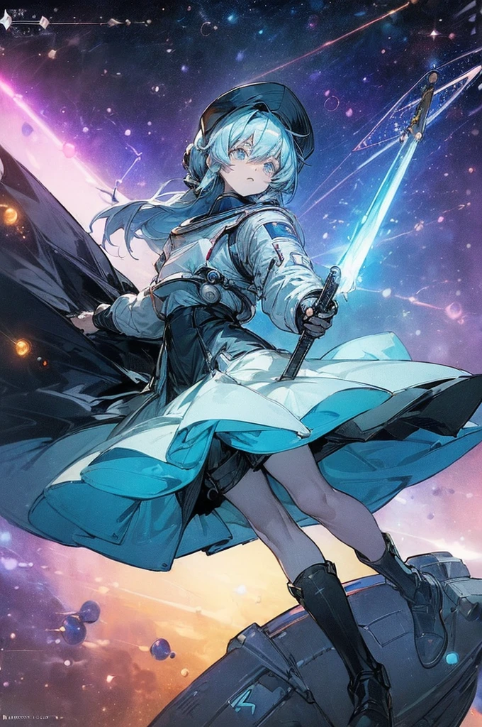 (((((((science fiction space fantasy)))))))A woman, an adult, (A female commander), ((a leader of a fleet of intergalactic armies)), White high ponytail with a glowing light blue highlights at the ends, Wielding a sword with deep blue aura, the mystical blade in her hand emitting a bright contrast blue light with a ray of energy, a futuristic intergalactic military uniform, Wearing Black shorts exposing the thighs, with a captain hat hat, a long simple dark boots. A masterpiece illustration, a light novel cover, best quality, best detail(Light novel illustrations), Arknights style, masterpiece, high quality, detailed.