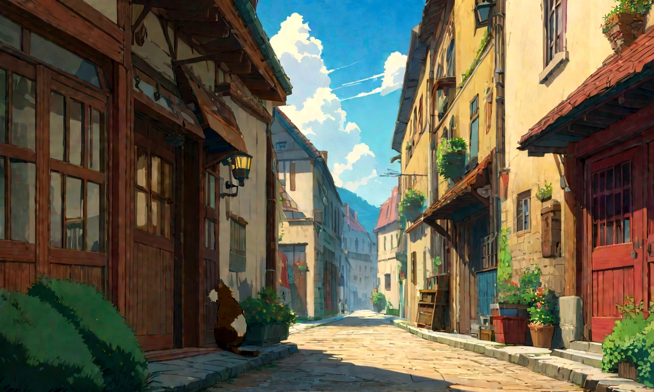 Studio Ghibli-style anime movies, Movie stills, Highest quality, masterpiece, Representative works, Official Art, Professional, Super intricate details, 8K,There is a cat in the distance、relax、Streetscape