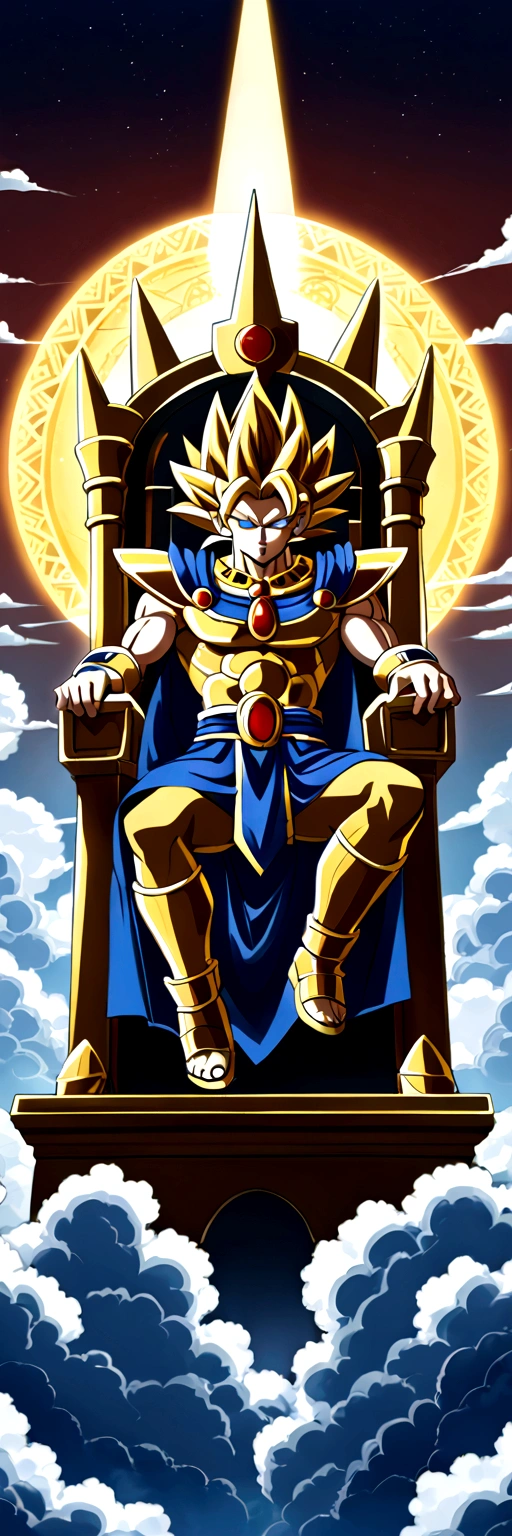 Divine egyptian super saiyan king , sitting on throne made of clouds 