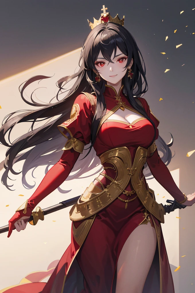 (very delicate, Masterpiece, Excellent lighting and shadows, HD wallpaper 8K), Young woman, matures, black hair, red tip, red eyes, Thin waist, wide hips, fashion, Empress dress, Golden Dragon Hill, charming smile, holding a pointed spear, wearing a golden crown, brave.