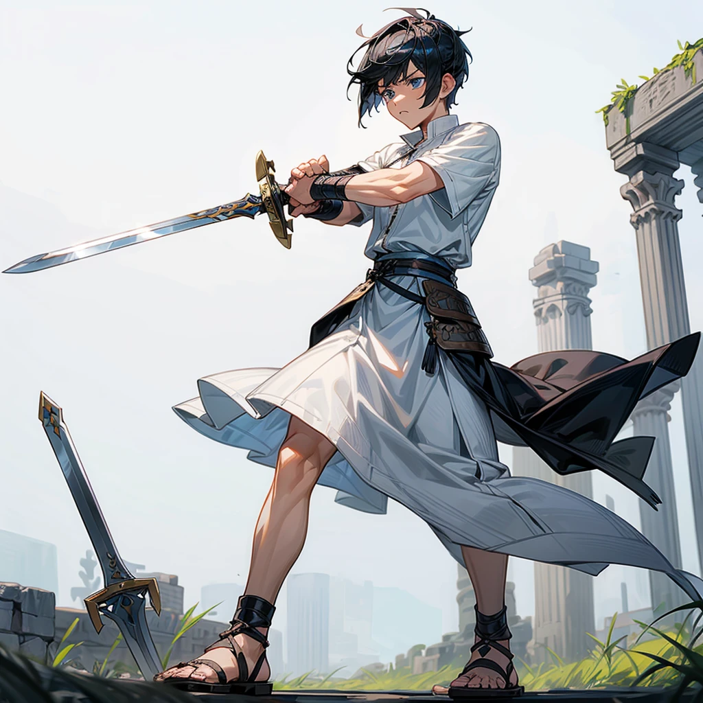1boys, Full body version, blue eyes, undercut hair, black colour hair, very angry expression, white tunic Ancient Roman clothing, short sleeve shirt, gladiator skirt, gladiator armor, gladiator sandals, Spatha sword in hand, war gesture, Grassroots background 