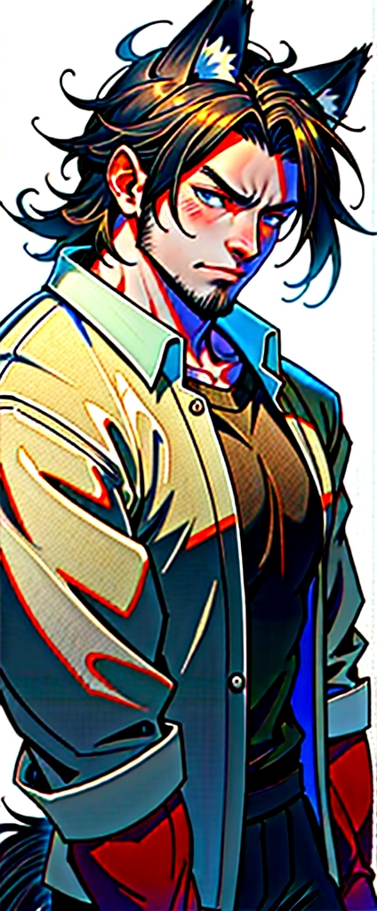 mature,chiseled chin,rugged face,half body,Anime character with black hair and shirt standing, Wolf ears，Wolf Tail，demihuman,demiwolf,kemonomimi,light stubble, Anime handsome man, Anime portrait of a handsome man,mature,blue eyes,tired,short hair,bara,bored expression,expressionless,