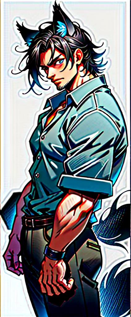 mature,chiseled chin,rugged face,half body,Anime character with black hair and shirt standing, Wolf ears,Wolf Tail,demihuman,demiwolf,kemonomimi,light stubble, Anime handsome man, Anime portrait of a handsome man,mature,blue eyes,tired,short hair,bara,bored expression,expressionless,