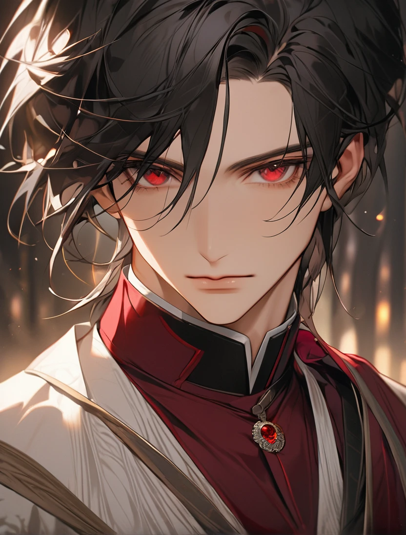 (Black_Hair), (red_ruby_eyes), (Handsome), (attractive), (perfect_face), (male), (close_up_shot), (detailed_eyes), (detailed_hair), (clean_hair), (expressionless), (sharp_eyes), (vertical_pupils), (peaceful_atmosphere), (manly_face)
