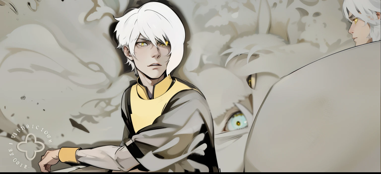 There is a 27-year-old man with white hair and yellow eyes. He is talking about something. He is seriously angry.