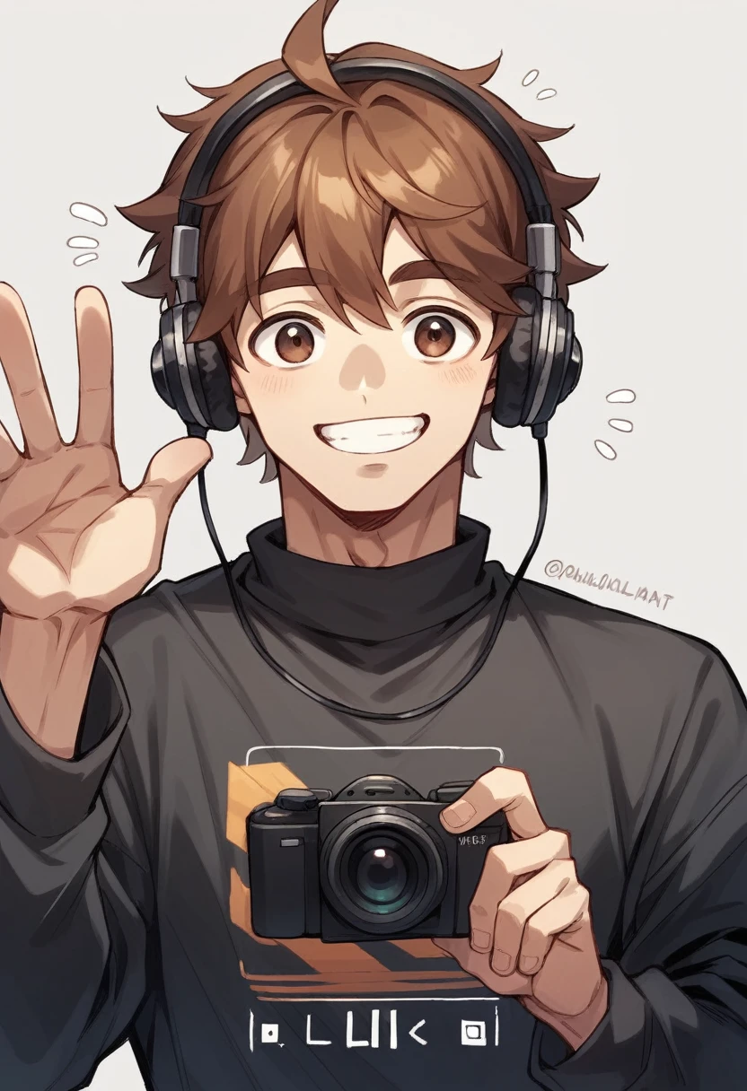 arafed man with long brown hair and headphones on, wearing a black sweater, symmetrical face orelsan, twitch streamer, very slightly smiling, he is about 25 years old, waving at camera