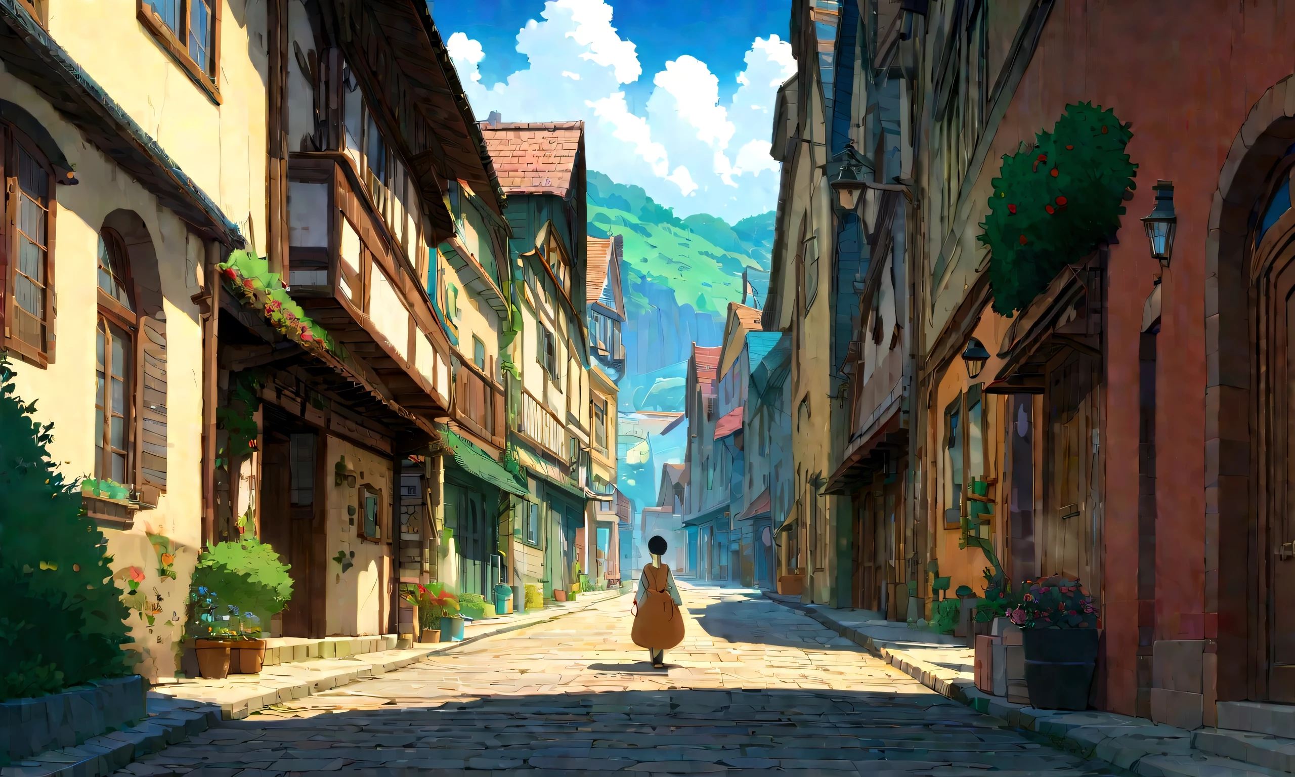 Studio Ghibli-style anime movies, Movie stills, Highest quality, masterpiece, Representative works, Official Art, Professional, Super intricate details, 8K,There is a cat in the distance、relax、Streetscape
