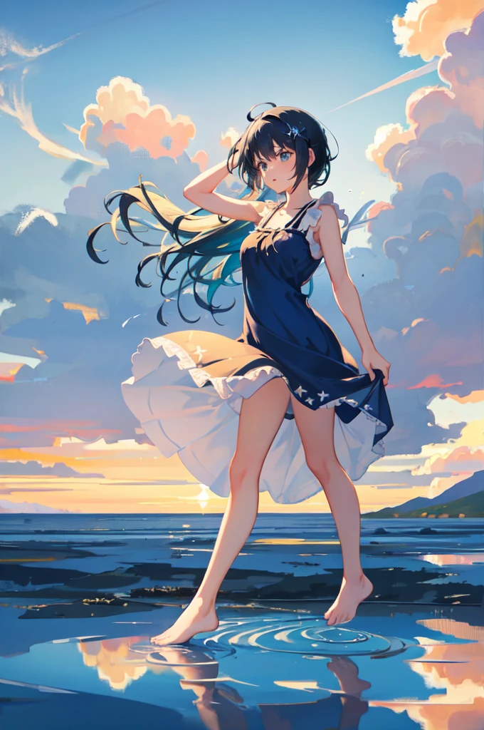 1thumb, scenery, landscape, 1girl, solo, long hair, (sundress:1.4), blue hair, standing, sky, frills, frilled skirt, barefoot, zettai ryouiki, day, strap dress, (short dress:1.5), square neckline, lace trim, nature, sad, gloomy, sunshine, tears, sleeveless, cloud, water, white dress, blue sky, bare arms, in lake, mountain, bare legs, sleeveless dress, floating hair, embroidery, (dynamic pose:1.4), cloudy sky, reflection, ripples, standing on liquid, (different reflection, reflective water:1.3), (looking at viewer),