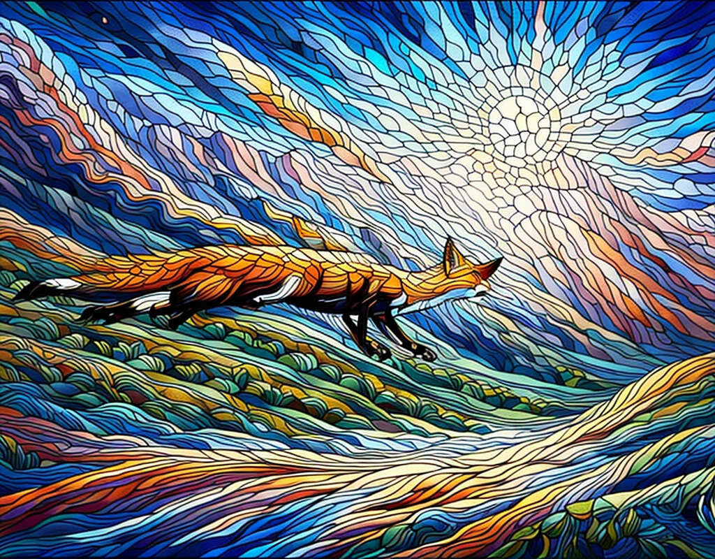 masterpiece, best quality, (Fox:1.2),stained glass painting, blh,8K,HD,white Nine-tailed fox white,full body,solo,