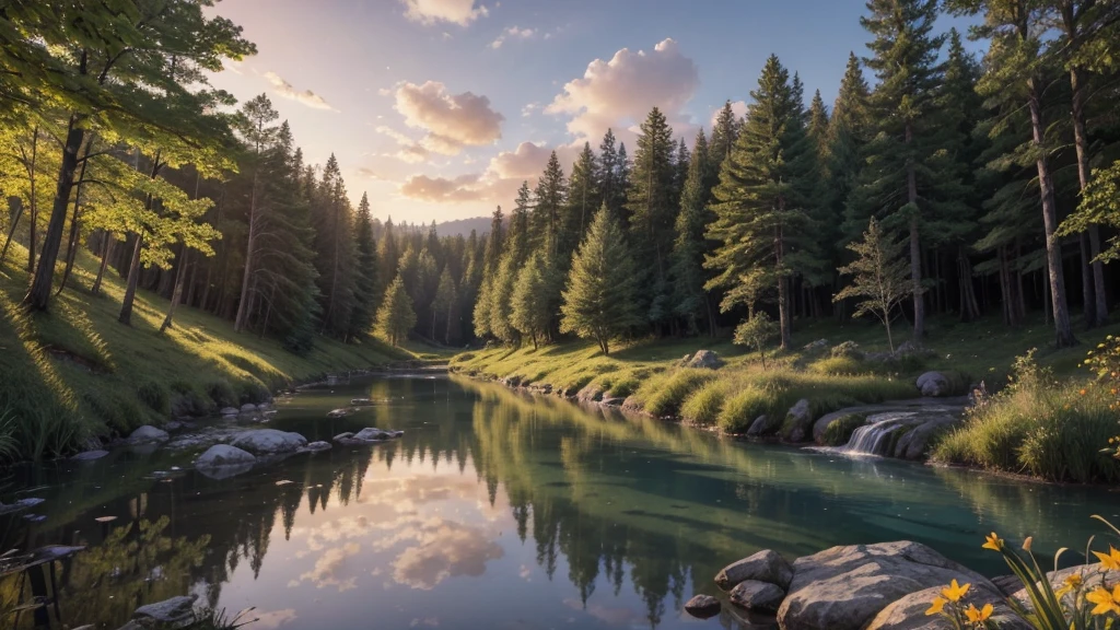 Create an image of a lush forest filled with tall, dense trees with vibrant green leaves. In the center of the forest, there is a crystal clear stream that gently meanders through the land, reflecting the colors of the sunset. The sunset is stunning, with shades of orange, pink and gold painting the sky and casting a warm glow over the landscape.
At the edge of the stream there is a black man, strong and with a penetrating gaze. In one of his hands he holds an ax with two blades.
Brightly colored wildflowers such as red, yellow, and purple grow around the stream and in the clearing, adding a touch of natural beauty to the scene.