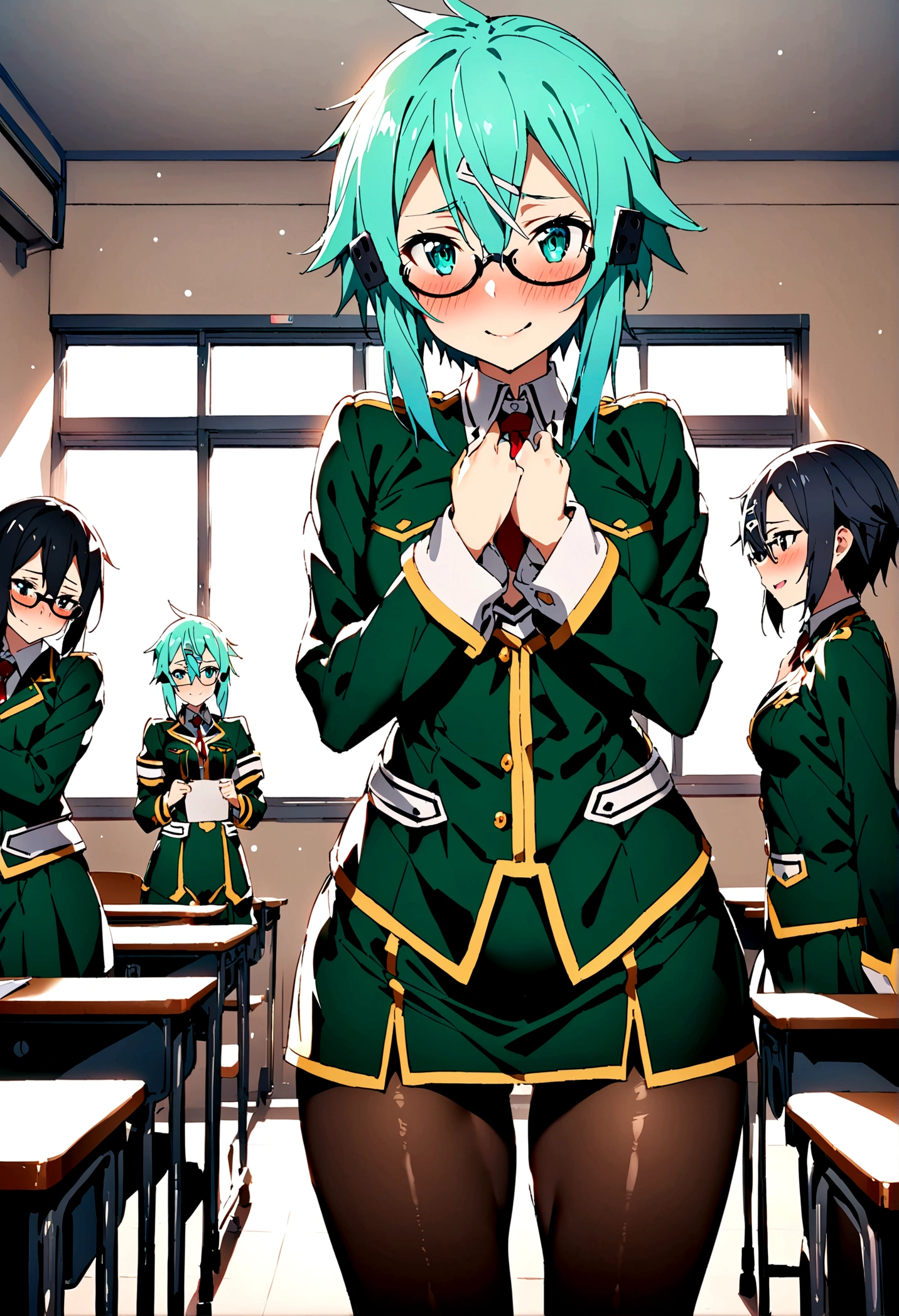 NSFW,masterpiece,Highest quality,High resolution,Super detailed,Sinon\(Sword Art Online\),(Black Hair),Glasses,uniform,mini skirt,pantyhose,Embarrassed,expectant face,smile,blush,School,classroom