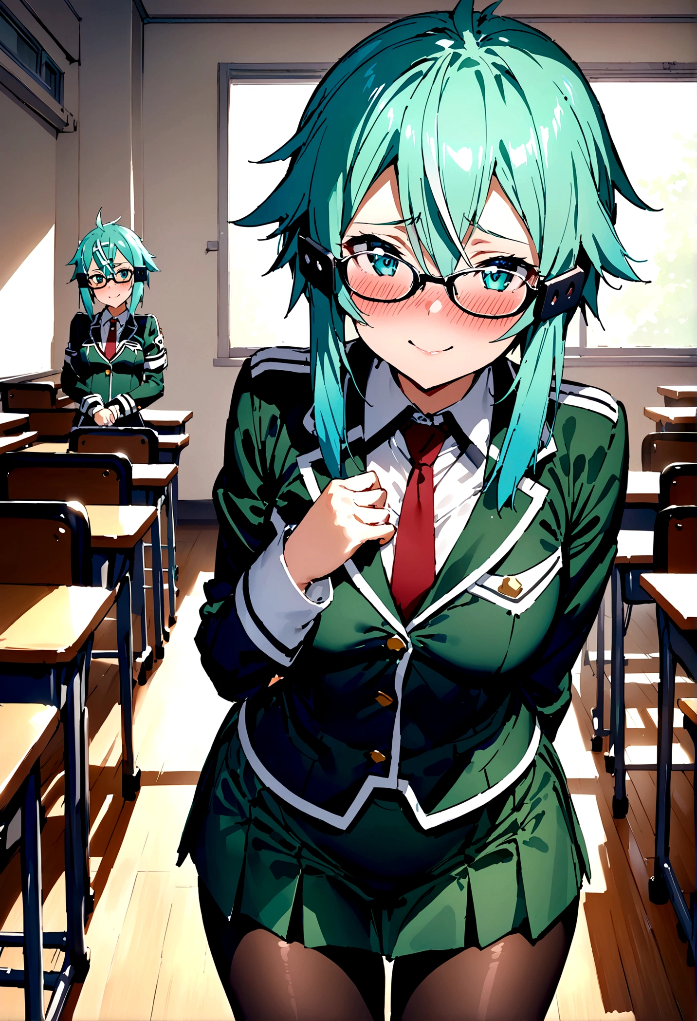 NSFW,masterpiece,Highest quality,High resolution,Super detailed,Sinon\(Sword Art Online\),(Black Hair),Glasses,uniform,mini skirt,pantyhose,Embarrassed,expectant face,smile,blush,School,classroom