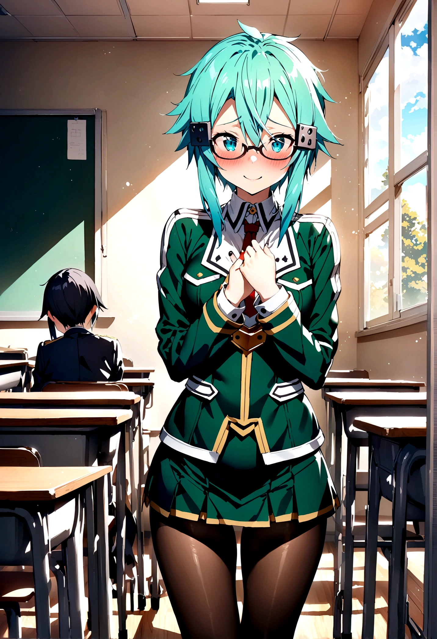 NSFW,masterpiece,Highest quality,High resolution,Super detailed,Sinon\(Sword Art Online\),(Black Hair),Glasses,uniform,mini skirt,pantyhose,Embarrassed,expectant face,smile,blush,School,classroom