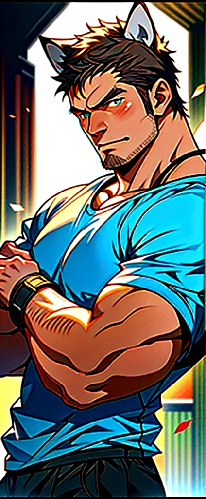 (Create a masterpiece: 1.2),(CGI art:1.3),(realistic:1.5),(After processing:1.3),(Sharp focus:1.3), (Close your eyes.), Open mouth, show teeth, , straight, front ,Chris Redfield ,(black hair), smile open mouth, , (Wear color navy round neck T-shirt: 1.5), (with a Police badge: 1.2), navy cargo, (Torn shirt:1.4), (wound: 1.3) , (blood splatters) ,( abrasions on face: 1.2), (Blood stains on the face and body: 1.2), Korean guy , korean men, (High gloss details), chest muscles, large arm muscles, blood vessel, Big muscles, Broad shoulders, looking at the audience, Balancing the eyes, middle of the road , ,( penis: 1.5), (genital very long big : 1.5), (Big testicles), (Erection of the penis: 1.5), (big explosion:1.5) ,(Fire blazes behind) ,(open mouth:1.6)