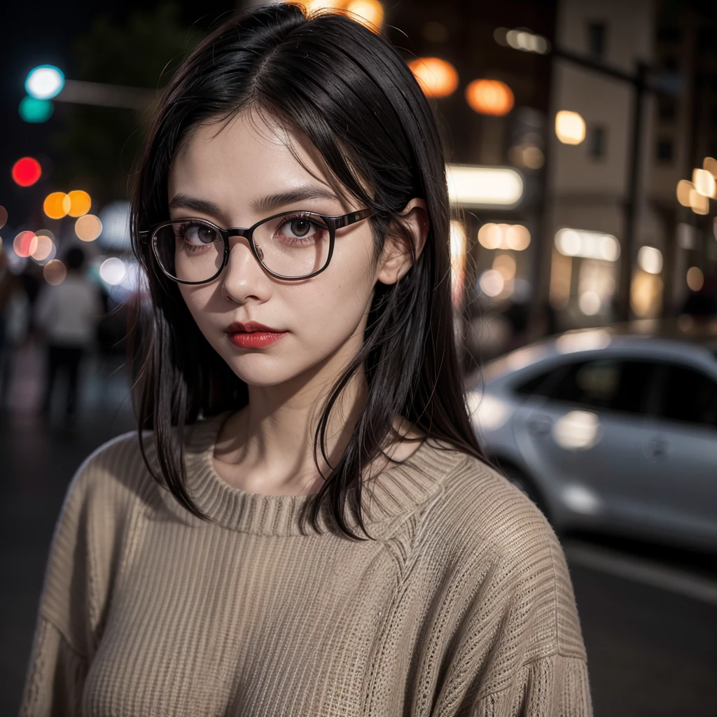 1 17 year old girl, dark black hair, clear skin, big brown eyes, Slim appearance, Red lips, glasses, sueter ( turn your back, street, evening, Head down
