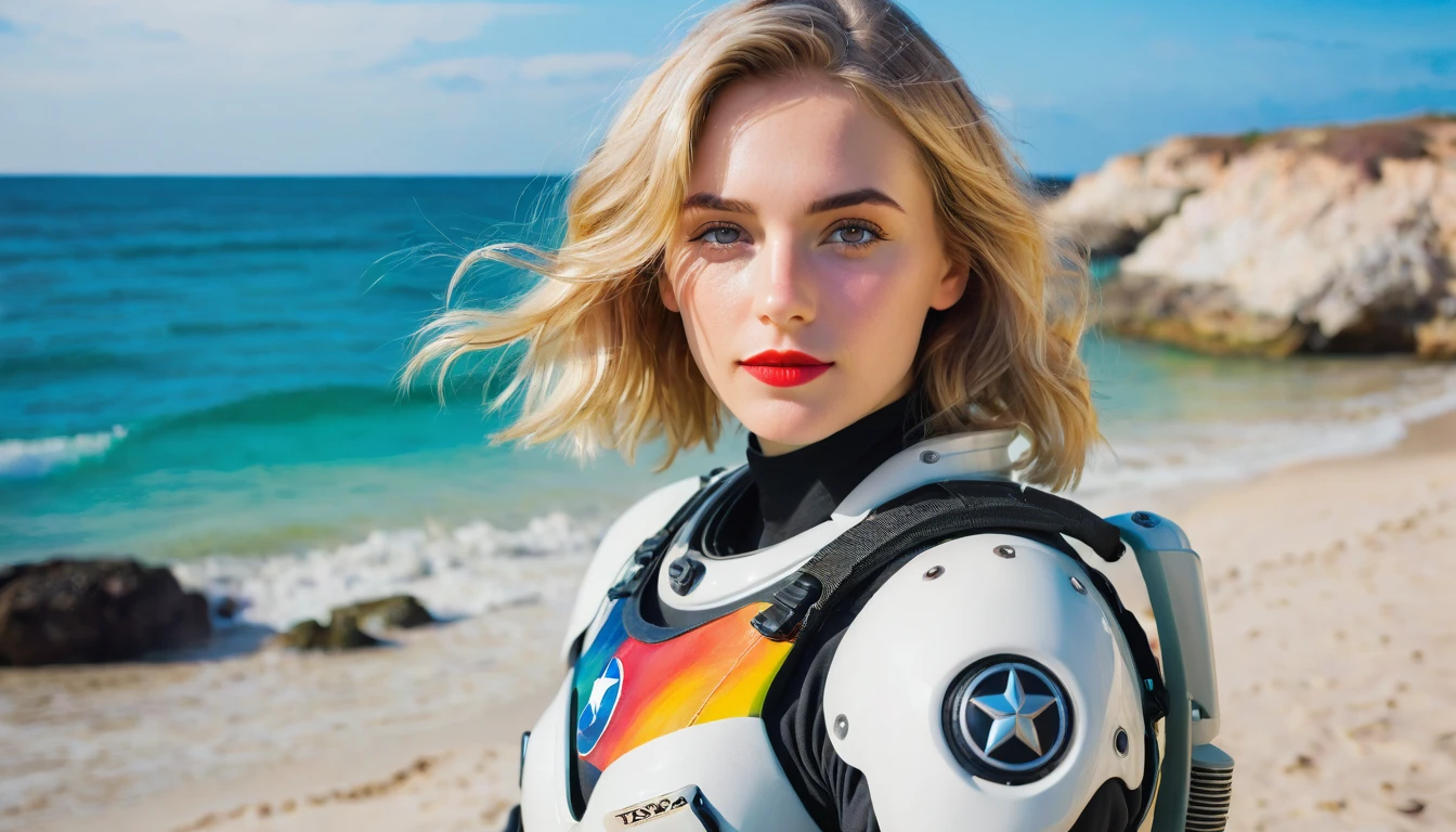A panoramic photo featuring a 28 yo Texas German woman sitting in front of a colorful, ocean background. She has shoulder-length, slightly wavy, bright blond hair that falls over her shoulders. Her face is delicate and even, with perfectly applied eye makeup and red lips. She looks directly at the camera with a pensive expression. The woman is wearing military battle space suit. The background colors to the beach. These color fields are irregularly shaped and resemble a large-scale painting. The colors in the background harmonize with those of the beach, creating a visual connection between the woman and the background. The lighting in the image is soft and even, highlighting the woman.