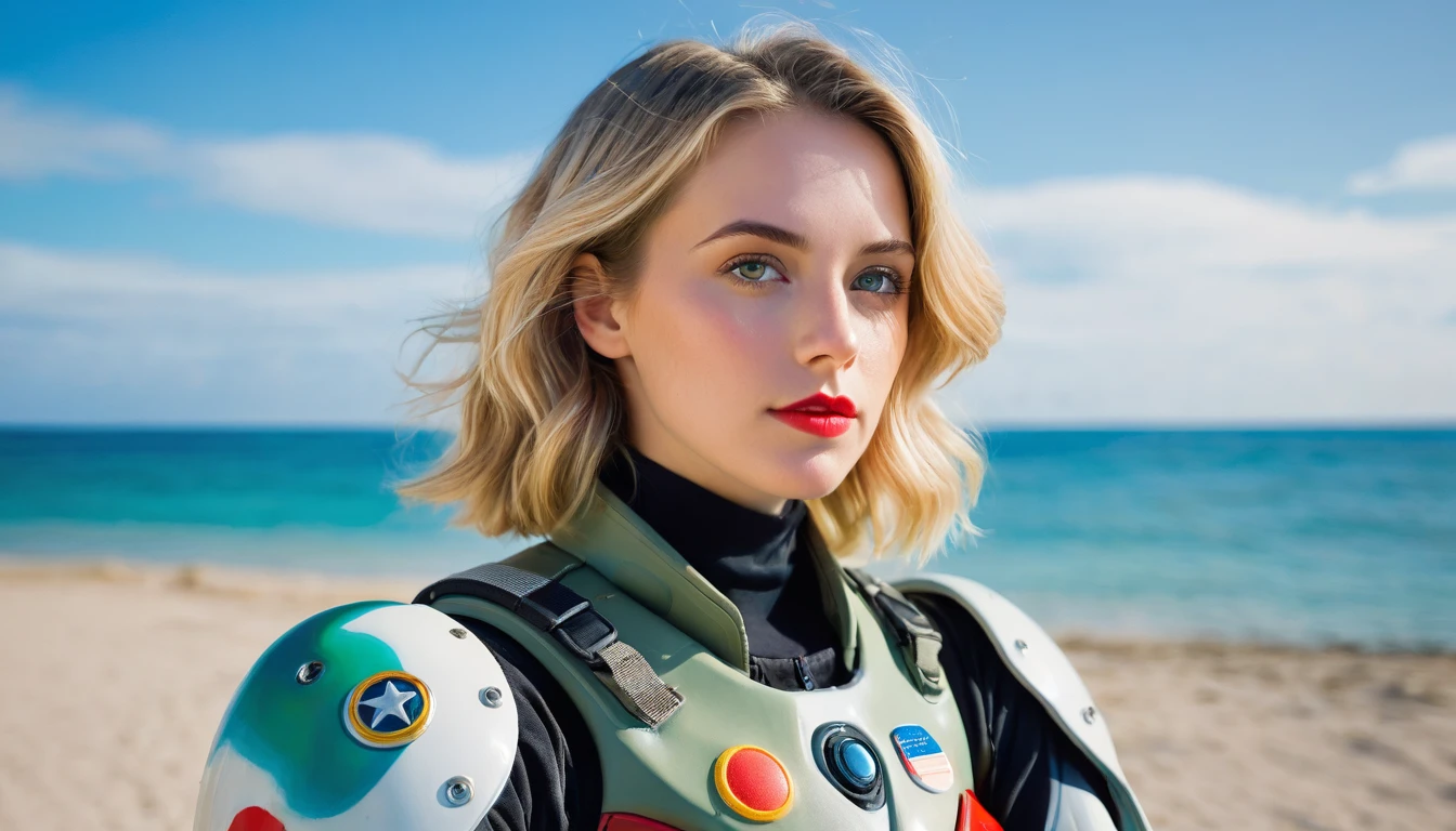 A panoramic photo featuring a 28 yo Texas German woman sitting in front of a colorful, ocean background. She has shoulder-length, slightly wavy, bright blond hair that falls over her shoulders. Her face is delicate and even, with perfectly applied eye makeup and red lips. She looks directly at the camera with a pensive expression. The woman is wearing military battle space suit. The background colors to the beach. These color fields are irregularly shaped and resemble a large-scale painting. The colors in the background harmonize with those of the beach, creating a visual connection between the woman and the background. The lighting in the image is soft and even, highlighting the woman.