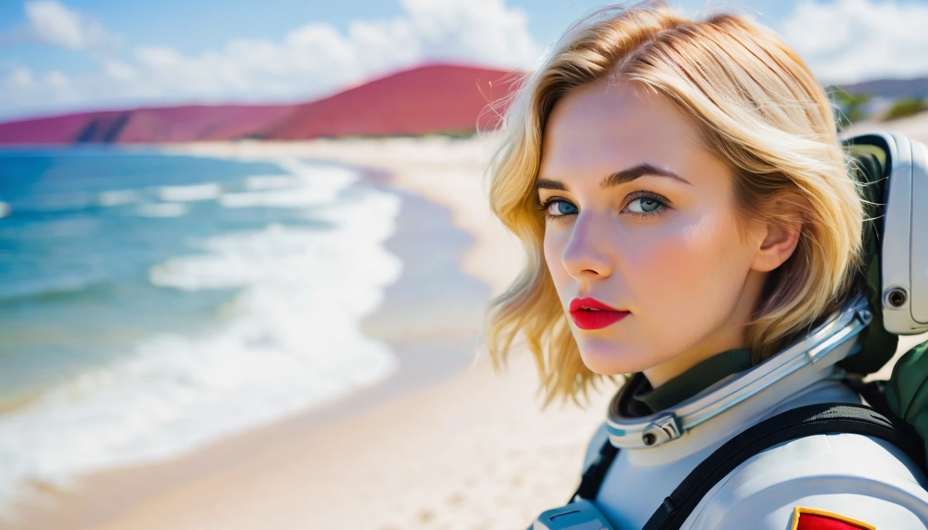 A panoramic photo featuring a 28 yo Texas German woman sitting in front of a colorful, ocean background. She has shoulder-length, slightly wavy, bright blond hair that falls over her shoulders. Her face is delicate and even, with perfectly applied eye makeup and red lips. She looks directly at the camera with a pensive expression. The woman is wearing military battle space suit. The background colors to the beach. These color fields are irregularly shaped and resemble a large-scale painting. The colors in the background harmonize with those of the beach, creating a visual connection between the woman and the background. The lighting in the image is soft and even, highlighting the woman.