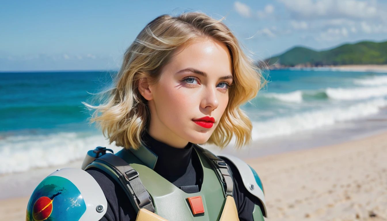 A panoramic photo featuring a 28 yo Texas German woman sitting in front of a colorful, ocean background. She has shoulder-length, slightly wavy, bright blond hair that falls over her shoulders. Her face is delicate and even, with perfectly applied eye makeup and red lips. She looks directly at the camera with a pensive expression. The woman is wearing military battle space suit. The background colors to the beach. These color fields are irregularly shaped and resemble a large-scale painting. The colors in the background harmonize with those of the beach, creating a visual connection between the woman and the background. The lighting in the image is soft and even, highlighting the woman.