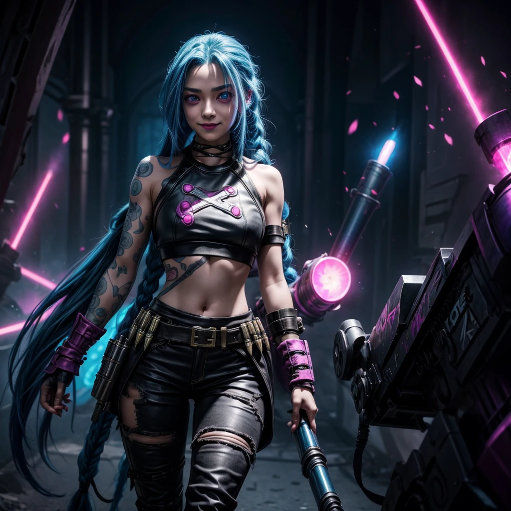 league of legends jinx, blue long hair, pink eyes, 16 years old teen girl, she has a machine gun and a rocket launcher, crop top, gothic pants, psyhcotic smile, 8k, uhd, high quality photograph, perfect lighting, pink and blue lights