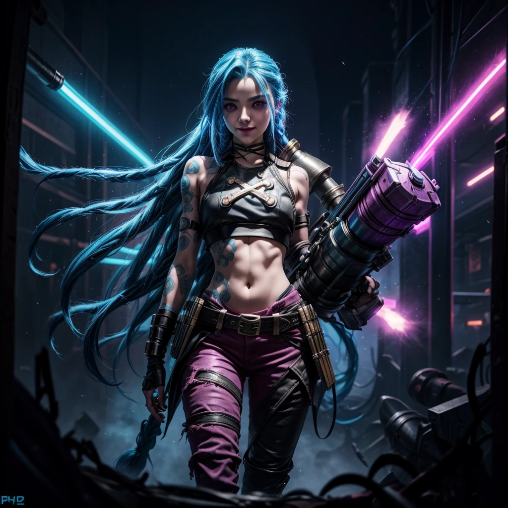 league of legends jinx, blue long hair, pink eyes, ***************** girl, she has a machine gun and a rocket launcher, crop top, gothic pants, psyhcotic smile, 8k, uhd, high quality photograph, perfect lighting, pink and blue lights