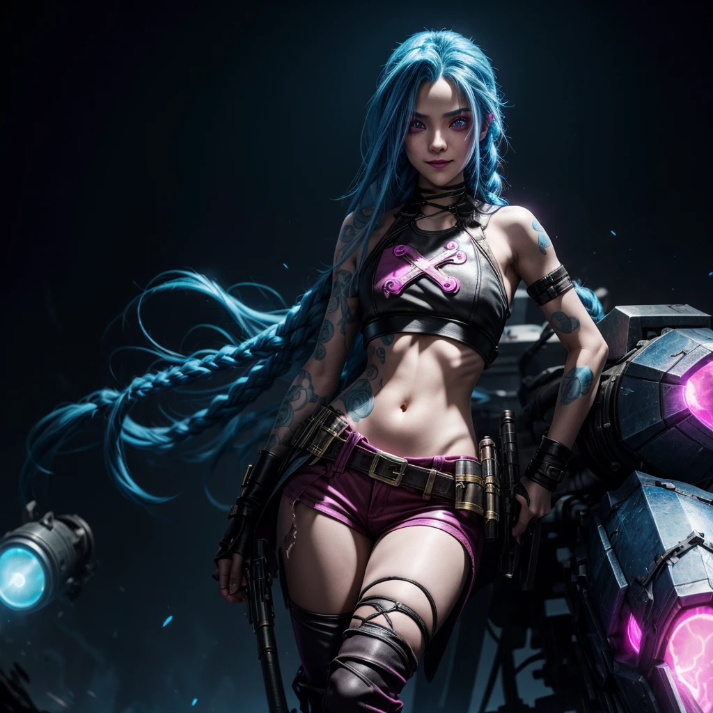 league of legends jinx, blue long hair, pink eyes, 16 years old teen girl, she has a machine gun and a rocket launcher, crop top, gothic pants, psyhcotic smile, 8k, uhd, high quality photograph, perfect lighting, pink and blue lights