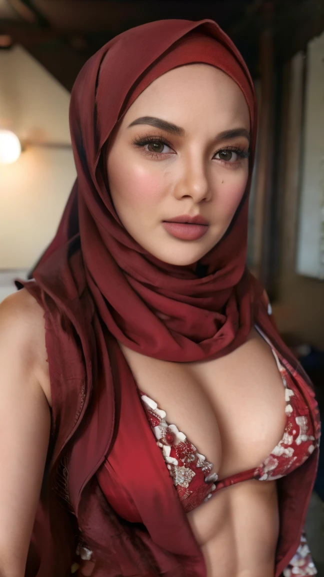 A woman with red hijab, Realistic, Photorealistic, 8K, Masterpiece, Best Quality, High Definition, Live Action, RAW Photo, Single Woman, Beautiful Body,Cleavage, Sexy, red Competitive Swimsuit,