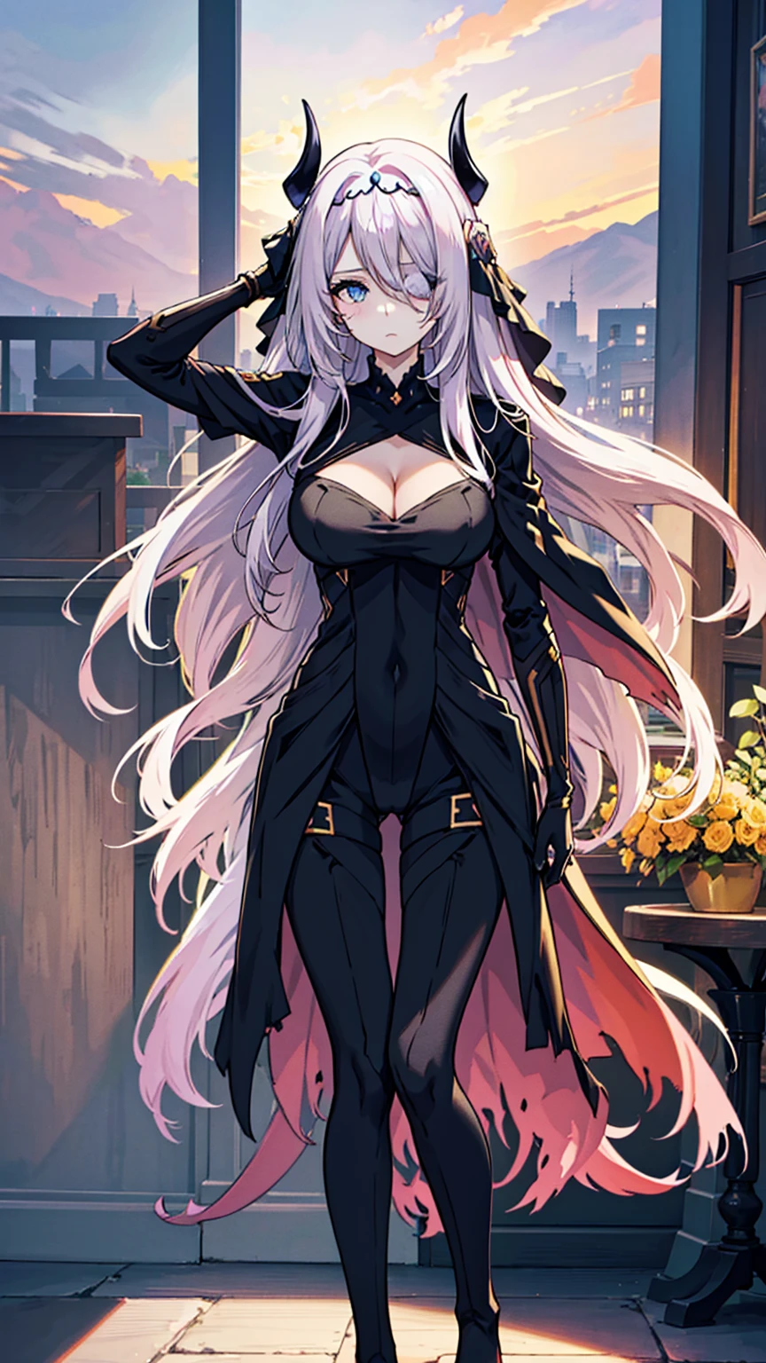 Highest quality, Beautiful and exquisite body,Horn, tiara, Veil,A body-hugging enamel bodysuit, Black bodysuit, Scapula, Long sleeve, Cleavage cutout, Black gloves, Black overskirt, Black trousers,Show me your boots,leotard,elegant, 1 Girl, cute, Blushed, Looking at the audience, Beautiful Eyes, Beautiful background, Particles of light, Light of the sun, Dramatic lighting, outside, Shiny, Realistic, Highest quality, Very detailed, Get used to it, scenery, Beautiful and exquisite, Thin Hair,Full Body Shot,