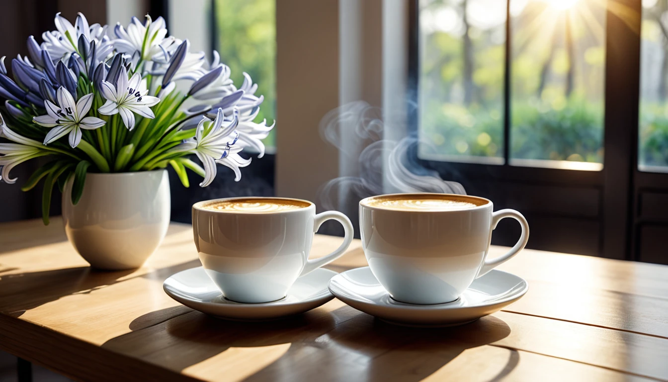 Best still life composition(best quality,4K,8K,High resolution,masterpiece:1.2),Super detailed,(Practical,photoPractical,photo-Practical:1.37),latté(clear focus、obvious)There is slight smoke in the white ceramic cup.Artist coffee impression.White sweater with clear texture,Wrinkles arranged randomly...Sophisticated and elegant.A bouquet of bright pale agapanthus laid flat from above(Lying flat on the table.From top to left.Make space on your desk)..Modern style cafe bokeh background.Super detailed.(Super quality,Super detailed,Ultra-complex,Extremely complex)Soft and natural light and shadow.Reverse fragrance.no humans.Ultra wide angle, (Detailed texture),Background covered with film grain, natural soft light,(Morning Scene.warm sunshine in the morning)Ray tracing, Vignette, Wide-angle lens, Ultra wide angle, best qualitycinematic lighting, Depth of Field, outer boundary, Negative space, Letterbox header image