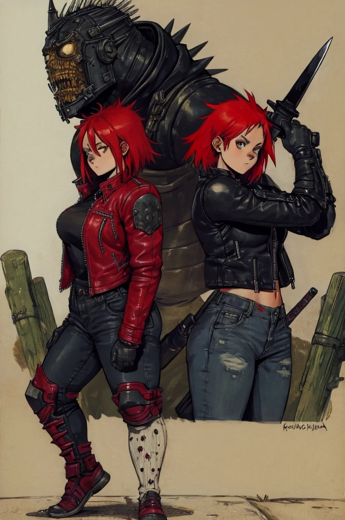 Dorohedoro Style, sexy young girl, a Knight's helmet with short red hair sticking out from under it, a heavy leather jacket with spikes, jeans, a girl holding a sword