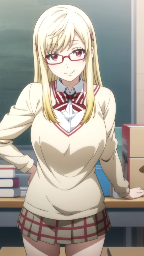 anime girl With glasses and a skirt posing on a desk, seductive anime girl, With glasses, With glasses on, thick glasses, (sfw) Insurance for work, beautiful and seductive anime woman, a Hyper realistic , revealing outfit, neckline,  , nerd appearance, anime girls, attractive anime girl, breasts covered and sfw, nerd Yamada mocking smile_yellow, 1chica , by rubio, alone, wide, hair ornament, , smile, bow, red eyes my dress darling anime, beautiful seductress anime anime