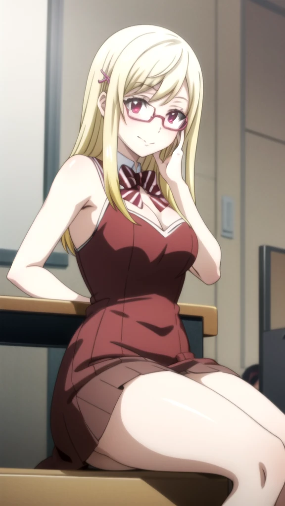 anime girl With glasses and a skirt posing on a desk, seductive anime girl, With glasses, With glasses on, thick glasses, (sfw) Insurance for work, beautiful and seductive anime woman, a Hyper realistic , revealing outfit, neckline,  , nerd appearance, anime girls, attractive anime girl, breasts covered and sfw, nerd Yamada mocking smile_yellow, 1chica , by rubio, alone, wide, hair ornament, , smile, bow, red eyes my dress darling anime, beautiful seductress anime anime