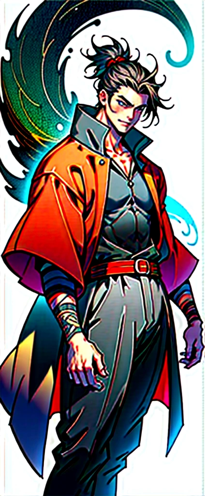 A middle-aged man in his 40s, #11: Short Hair in a Striking Red and Black Combination, Wild and Messy Hairstyle, Fierce gaze, Confident smile, He has a lightning bolt tattoo on his left cheek , Strong physique, A gorgeous short-sleeved fantasy-style coat, A fitted scaled undergarment, Black fur shawl, Wrist guard, Coarse trousers, He stood like a sacred figure on the crumbling earth, There&#39;s debris floating everywhere., This character embodies a carefully crafted、Anime style based on fantasy, With refinement、Features a mature comic book illustration art style, HD, best quality, high resolution, Extremely detailed, Super Fine, Extremely refined, professional, Anatomically correct, Symmetrical face, Extremely detailed eyes and face, High quality eyes, creativity, RAW photos, 超HD, 8K, Natural light, light, masterpiece-anatomy-perfect, masterpiece:1.5