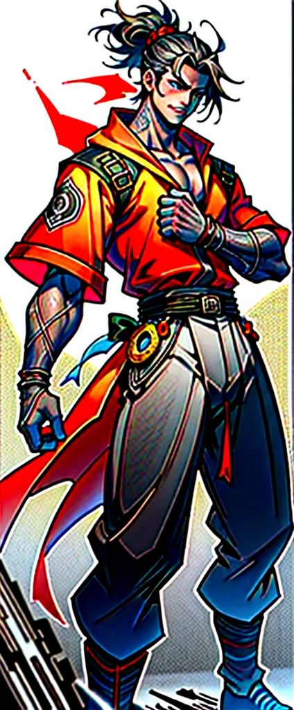 A middle-aged man in his 40s, #11: Short Hair in a Striking Red and Black Combination, Wild and Messy Hairstyle, Fierce gaze, Confident smile, He has a lightning bolt tattoo on his left cheek , Strong physique, A gorgeous short-sleeved fantasy-style coat, A fitted scaled undergarment, Black fur shawl, Wrist guard, Coarse trousers, He stood like a sacred figure on the crumbling earth, There's debris floating everywhere., This character embodies a carefully crafted、Anime style based on fantasy, With refinement、Features a mature comic book illustration art style, HD, best quality, high resolution, Extremely detailed, Super Fine, Extremely refined, professional, Anatomically correct, Symmetrical face, Extremely detailed eyes and face, High quality eyes, creativity, RAW photos, 超HD, 8K, Natural light, light, masterpiece-anatomy-perfect, masterpiece:1.5